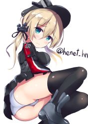 Rule 34 | 10s, 1girl, anchor hair ornament, ass, blonde hair, blue eyes, blush, breasts, gloves, hair ornament, hat, henet hene, kantai collection, long hair, looking at viewer, microskirt, military, military uniform, panties, peaked cap, prinz eugen (kancolle), skirt, solo, thighhighs, twintails, underwear, uniform, white panties