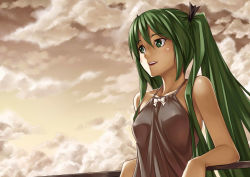 Rule 34 | 1girl, arm support, bare shoulders, cloud, green eyes, green hair, h kasei, halterneck, hatsune miku, highres, leaning back, long hair, matching hair/eyes, smile, solo, twintails, vocaloid