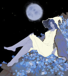 Rule 34 | 1girl, absurdres, bare legs, barefoot, blue eyes, blue hair, blue lips, blue skin, breasts, chinese commentary, cloak, closed mouth, colored skin, crossed legs, dress, elden ring, extra arms, feet, flower, full body, full moon, fur cloak, hat, highres, leaf, long hair, looking at viewer, moon, nao tou di guan, night, night sky, one eye closed, ranni the witch, sitting, sky, small breasts, solo, toes, white dress, white hat, witch, witch hat