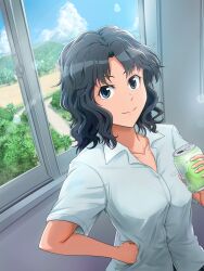 Rule 34 | 1girl, amagami, black hair, blue eyes, can, closed mouth, collared shirt, curly hair, hand on own hip, holding, holding can, horizon, indoors, light smile, looking at viewer, mamiya myanmar, messy hair, open collar, shirt, solo, tanamachi kaoru, wavy hair, white shirt, window