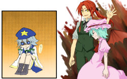 Rule 34 | 147, 3girls, :t, alternate hairstyle, angry, chibi, cosplay, dress, female focus, formal, hat, highres, hong meiling, hong meiling (cosplay), izayoi sakuya, multiple girls, pant suit, pants, ponytail, remilia scarlet, role reversal, short hair, sitting, suit, touhou