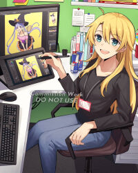 Rule 34 | 2girls, aqua eyes, black shirt, blonde hair, blue pants, book, breasts, broom, broom riding, can, chair, commission, drawing tablet, dress, feet out of frame, hat, holding, indoors, keyboard (computer), kuki tan, long hair, long sleeves, looking at viewer, medium breasts, mouse (computer), multiple girls, name tag, new game!, office, office chair, open mouth, pants, shirt, sitting, solo focus, suzukaze aoba, swivel chair, teeth, upper teeth only, watermark, witch hat, yagami kou
