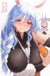 Rule 34 | 2girls, animal ears, armpit crease, armpit focus, armpits, bare shoulders, blue hair, blush, breasts, carrot, covered erect nipples, highres, holding, holding carrot, hololive, large breasts, long sleeves, looking at viewer, mother and daughter, multiple girls, open mouth, padoruu, parted lips, pekomama, rabbit ears, rabbit girl, red eyes, simple background, smile, solo focus, sweat, teeth, thick eyebrows, twitter username, usada pekora, virtual youtuber, white background