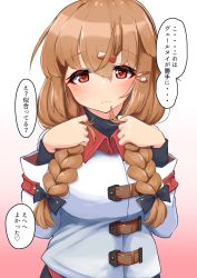 Rule 34 | 1girl, alternate hairstyle, blush, braid, brown eyes, brown hair, closed mouth, gradient background, hair between eyes, hair ornament, hairclip, highres, jacket, kantai collection, komb, long hair, long sleeves, solo, speech bubble, tashkent (kancolle), translation request, twin braids, upper body, white jacket