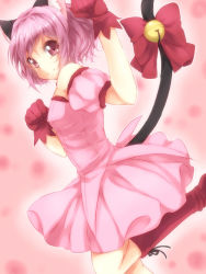 Rule 34 | 00s, 1girl, animal ears, bare shoulders, bell, boots, bow, breasts, cat ears, cat tail, gloves, jingle bell, knee boots, leg up, magical girl, maruki (punchiki), medium breasts, mew ichigo, momomiya ichigo, paw pose, pink eyes, pink hair, red gloves, short hair, smile, solo, tail, tail bell, tail bow, tail ornament, tokyo mew mew