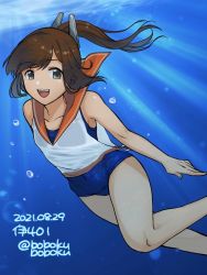 Rule 34 | 1girl, blue one-piece swimsuit, bobokuboboku, brown eyes, brown hair, character name, commentary request, dated, feet out of frame, freediving, hair ornament, hairclip, i-401 (kancolle), kantai collection, long hair, looking at viewer, one-hour drawing challenge, one-piece swimsuit, open mouth, orange sailor collar, ponytail, sailor collar, school swimsuit, shirt, side-tie shirt, sleeveless, sleeveless shirt, smile, solo, swimming, swimsuit, swimsuit under clothes, tan, teeth, twitter username, underwater, upper teeth only