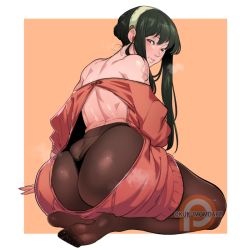 Rule 34 | 1girl, ass, ass focus, black hair, blush, breasts, dress, from behind, hairband, huge ass, kukumomo, large breasts, long hair, long sleeves, looking at viewer, looking back, panties, panties over pantyhose, pantyhose, red eyes, red sweater, sidelocks, smile, solo, spy x family, sweater, thick thighs, thighs, thong, underwear, yor briar