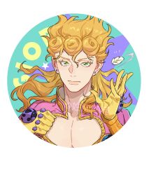Rule 34 | 1boy, absurdres, blonde hair, bug, character name, closed mouth, earrings, expressionless, flower, giorno giovanna, gold experience, green eyes, hair down, highres, honlo, insect, jacket, jewelry, jojo no kimyou na bouken, ladybug, long hair, long sleeves, looking at viewer, male focus, pectorals, pink jacket, portrait, solo, stand (jojo), vento aureo
