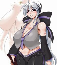 Rule 34 | 1girl, ahoge, arm tattoo, bare shoulders, black bow, black pants, black sleeves, bottle, bow, breasts, cleavage, collarbone, completely nude, crop top, detached sleeves, drunk, eyes visible through hair, fingernails, grey hair, grey shirt, hair between eyes, hair bow, headphones, holding, holding bottle, huge breasts, kuma (kumahoihoi), long hair, nail polish, navel, necktie, nude, out-of-frame censoring, pants, purple nails, purple necktie, red eyes, sagging breasts, shirt, single vertical stripe, solo, tattoo, very long hair, vocaloid, yowane haku, zoom layer