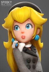 Rule 34 | 1girl, 3d, artist name, beret, black background, black coat, black footwear, black hat, blender (medium), blonde hair, blue eyes, bow, buttons, closed mouth, coat, earrings, eyelashes, hat, highres, jewelry, light smile, lips, long hair, long sleeves, looking away, mario (series), nintendo, nose, pink lips, princess peach, scarf, scarf bow, sidelocks, simple background, solo, spooky-majora, super mario odyssey, thick lips, tumblr username, upper body, watermark, web address, white scarf, winter clothes