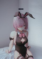 Rule 34 | 1girl, absurdres, alternate costume, animal ears, bad id, bad pixiv id, black leotard, black thighhighs, bracelet, breasts, cleavage, cleavage cutout, clothing cutout, collarbone, covered navel, detached collar, evrlstinq, fake animal ears, fate/grand order, fate (series), hair over one eye, hairband, highleg, highleg leotard, highres, jewelry, leotard, light purple hair, looking at viewer, mash kyrielight, medium breasts, playboy bunny, purple eyes, rabbit ears, short hair, solo, thighhighs, thighs
