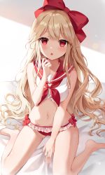 Rule 34 | 1girl, bare arms, bare shoulders, between legs, bikini, blonde hair, bow, breasts, commission, crop top, frills, hair bow, hand up, highres, long hair, looking at viewer, mayo (miyusa), medium breasts, midriff, navel, neckerchief, original, parted lips, pixiv commission, red bikini, red eyes, sailor collar, sailor shirt, shirt, sitting, sleeveless, sleeveless shirt, solo, stomach, swimsuit, thighs, very long hair, wariza, white shirt