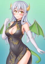 Rule 34 | 1girl, anti (untea9), black dress, blush, breasts, brown eyes, china dress, chinese clothes, cleavage, cleavage cutout, clothing cutout, cowboy shot, dragon girl, dragon horns, dragon tail, dragon wings, dress, elbow gloves, gloves, green background, highres, horns, kantai collection, long hair, looking at viewer, medium breasts, scales, shoukaku (kancolle), smile, solo, tail, white hair, wings
