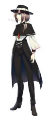 Rule 34 | 1girl, ankle boots, black capelet, black footwear, black hat, black pants, blue eyes, boots, brown hair, capelet, cigarette, closed mouth, full body, hair over shoulder, hat, high heel boots, high heels, highres, long sleeves, looking at viewer, mouth hold, pants, shirt, shukusuri, simple background, smoke, smoking, solo, standing, touhou, usami renko, waist cape, white background, white shirt
