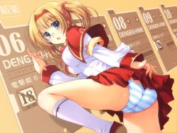 Rule 34 | 1girl, ass, blonde hair, blue eyes, blush, character request, covered erect nipples, dengeki hime, glasses, hairband, kneehighs, looking at viewer, panties, pantyshot, ribbon, school uniform, shoes, skirt, socks, solo, source request, striped clothes, striped panties, tomose shunsaku, twintails, underwear, upskirt, white socks