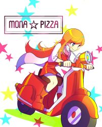 Rule 34 | 1girl, blue eyes, coat, dress, english text, highres, long hair, mona (warioware), motor vehicle, nintendo, offbeat, on scooter, open clothes, open coat, orange hair, red dress, red footwear, scooter, smile, star (symbol), starry background, warioware, white background, white coat