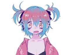 1girl blue_hair brown_eyes crying crying_with_eyes_open ear_piercing gradient_hair hair_ribbon jacket looking_at_viewer multicolored_hair open_mouth original piercing pink_hair red_jacket ribbon sharp_teeth short_hair simple_background solo tears teeth two_side_up upper_body white_background yu_(stdio_nameraka)