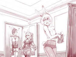 Rule 34 | 1boy, 2girls, angry, animal ears, bare shoulders, blush, breasts, commentary, d-rex, door, dress, hair over one eye, heart, holding, holding clothes, holding shorts, indoors, long hair, medium breasts, monochrome, multiple girls, navel, nipples, open mouth, opening door, original, pants, pantyhose, puffy short sleeves, puffy sleeves, rabbit boy, rabbit ears, rabbit girl, short hair, short sleeves, standing, stomach, teeth, thighhighs, wings, zettai ryouiki