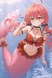 Rule 34 | 1girl, bare shoulders, breasts, cleavage, green eyes, hanazawa ma, hololive, looking at viewer, mermaid, monster girl, pink hair, sakura miko, smile, solo, twintails, virtual youtuber