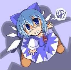 Rule 34 | blue background, blue bow, blue dress, blue eyes, blue hair, bow, bow hairband, brown footwear, cirno, dress, hairband, ice, ice wings, looking up, lowres, moriya suwako, oversized clothes, pantyhose, scared, shadow, shoes, sweat, sweatdrop, touhou, wings, yuuhi alpha