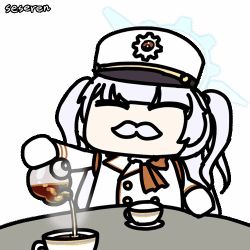 Rule 34 | 1girl, animated, animated gif, cup, fake facial hair, fake mustache, halo, long hair, lowres, seseren, tea, teacup