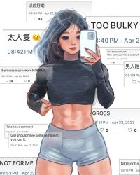 Rule 34 | abs, blue eyes, bullying, cellphone, grey hair, highres, lips, little thunder, long hair, muscular, muscular female, navel, original, phone, selfie, smartphone, smile, sportswear, thick thighs, thighs, toned