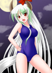Rule 34 | 1girl, breasts, ex-keine, female focus, gradient background, horn ornament, horn ribbon, horns, john (nakoto), kamishirasawa keine, one-piece swimsuit, outdoors, ribbon, school swimsuit, sky, solo, swimsuit, touhou