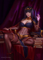 Rule 34 | 1girl, artist name, barefoot, black hair, book, bracelet, breasts, cape, cleavage, collar, covered navel, curtains, energy, fire emblem, highres, indoors, jewelry, lips, lipstick, long hair, looking at viewer, makeup, mole, mole on breast, nail polish, navel, nintendo, parted lips, prywinko, purple eyes, revision, see-through, sitting, solo, spread legs, tharja (fire emblem), torn clothes