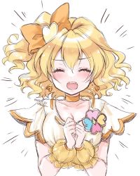 Rule 34 | 1girl, blonde hair, breasts, choker, cleavage, closed eyes, clover ornament, cure pine, earrings, fresh precure!, hair ornament, heart, heart earrings, heart hair ornament, highres, jewelry, medium breasts, medium hair, okayashi, open mouth, orange choker, own hands together, precure, shirt, short sleeves, shouting, side ponytail, simple background, solo, upper body, white background, wrist cuffs, yamabuki inori, yellow shirt