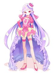Rule 34 | 1girl, alternate color, bow, crown, elbow gloves, fishnets, full body, gloves, high heels, highres, kuro guren, long hair, looking at viewer, personification, pink bow, pink eyes, pink footwear, pink gloves, pointy ears, pokemon, purple hair, shiny pokemon, shoes, skirt, solo, standing, transparent background, tsareena, yellow skirt