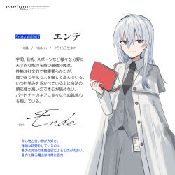 Rule 34 | 1girl, ahoge, black necktie, blue eyes, book, character profile, chihuri, closed mouth, collared shirt, ende (chihuri), grey hair, grey skirt, grey vest, hair between eyes, hand up, holding, holding book, jacket, long hair, long sleeves, looking at viewer, necktie, open clothes, open jacket, original, shirt, simple background, skirt, smile, solo, translation request, vest, white background, white jacket, white shirt