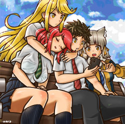 Rule 34 | 1boy, 3girls, absurdres, arm around neck, bench, blonde hair, breasts, brown hair, cellphone, contemporary, day, green necktie, highres, kneehighs, large breasts, miniskirt, multiple girls, mythra (xenoblade), necktie, nia (xenoblade), oniisan02b, outdoors, phone, pyra (xenoblade), red hair, red necktie, rex (xenoblade), shirt, silver hair, skirt, sky, smartphone, socks, white shirt, xenoblade chronicles (series), xenoblade chronicles 2, yellow eyes