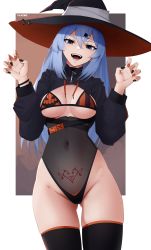 Rule 34 | 1girl, absurdres, bare hips, bikini, bikini top only, black thighhighs, blue hair, breasts, claw pose, cowboy shot, gluteal fold, green eyes, hair between eyes, halloween, halloween costume, hat, highleg, highleg leotard, highres, jack-o&#039;-lantern print, leotard, long hair, long sleeves, looking at viewer, medium breasts, multicolored nails, nail polish, narrow waist, navel, open mouth, original, outside border, saki (the atko), see-through, simple background, smile, solo, straight-on, swimsuit, the atko, thighhighs, wide hips, witch hat