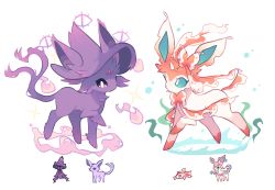 Rule 34 | blue sclera, bubble, charamells, chibi, chibi inset, colored sclera, creatures (company), espeon, fish, forehead jewel, full body, fusion, game freak, gen 1 pokemon, gen 2 pokemon, gen 4 pokemon, gen 6 pokemon, ghost, goldeen, highres, leg up, looking at viewer, magic, mismagius, nintendo, no humans, pokemon, pokemon (creature), purple sclera, simple background, standing, sylveon, white background, white eyes