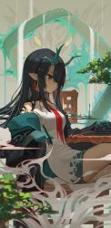 Rule 34 | 1girl, arknights, black hair, black jacket, bonsai, breasts, chair, clay (clayjun), closed mouth, colored skin, commentary, cowboy shot, dragon, dragon girl, dragon horns, drawing tablet, dress, dusk (arknights), earrings, eastern dragon, expressionless, green hair, green skin, hair between eyes, hair over one eye, highres, holding, horns, inkwell, jacket, jewelry, long hair, medium breasts, multicolored hair, multicolored skin, plant, pointy ears, red eyes, red neckwear, sleeveless, sleeveless dress, solo, straight hair, streaked hair, symbol-only commentary, table, tassel, tassel earrings, thighs, two-tone hair, white dress