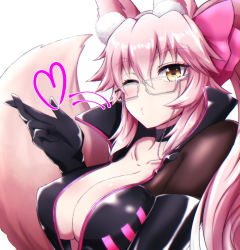 Rule 34 | 1girl, animal ear fluff, animal ears, black bodysuit, blowing kiss, blush, bodysuit, bow, breasts, center opening, choker, cleavage, fate/grand order, fate (series), fox ears, fox girl, fox tail, glasses, hair between eyes, hair bow, heart, koyanskaya (assassin) (first ascension) (fate), koyanskaya (fate), large breasts, long hair, looking at viewer, one eye closed, pink bow, pink hair, ponytail, puckered lips, sidelocks, solo, sotomichi, tail, tamamo (fate), yellow eyes