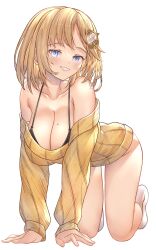 Rule 34 | 1girl, absurdres, all fours, black bra, blonde hair, blue eyes, bra, breasts, cleavage, collarbone, full body, grin, hair ornament, highres, hololive, hololive english, honkivampy, large breasts, long sleeves, looking at viewer, medium hair, mole, mole on breast, off-shoulder sweater, off shoulder, simple background, smile, socks, solo, sweater, underwear, virtual youtuber, watson amelia, white background, white socks, yellow sweater