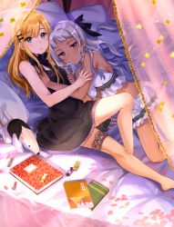 Rule 34 | 2girls, bare arms, bare legs, barefoot, bed, black dress, blonde hair, blue eyes, blush, book, bridal garter, candy, choker, commentary request, crop top, curtains, dark-skinned female, dark skin, dress, feet out of frame, food, hair ornament, hair ribbon, hand on another&#039;s chest, knee up, long hair, looking at viewer, lying, miniskirt, multiple girls, on back, on bed, on side, original, parted lips, petals, pillow, purple eyes, ribbon, silver hair, skirt, sleeveless, sleeveless dress, stuffed animal, stuffed toy, tan (tangent), white choker