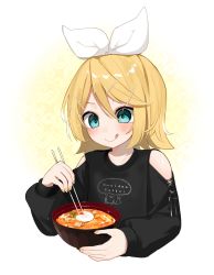 Rule 34 | 1girl, :q, bare shoulders, black shirt, blonde hair, blue eyes, blush, bowl, chopsticks, closed mouth, clothes writing, clothing cutout, commentary, cropped torso, food, hair between eyes, hair ornament, hair ribbon, hairclip, highres, holding, holding bowl, holding chopsticks, kagamine rin, long sleeves, oyakodon (food), puffy long sleeves, puffy sleeves, reirou (chokoonnpu), ribbon, romaji text, shirt, shoulder cutout, smile, solo, symbol-only commentary, tongue, tongue out, translation request, upper body, vocaloid, white ribbon