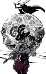 Rule 34 | 10s, 1girl, ascot, axe, domino mask, gloves, hat feather, kogashirou, long hair, long sleeves, looking at viewer, mask, okumura haru, persona, persona 5, puffy long sleeves, puffy sleeves, pumpkin shorts, purple gloves, short hair, simple background, skull, smile, white background