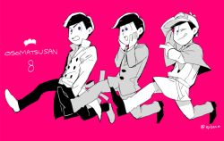 Rule 34 | 10s, 3boys, ;), alternate costume, alternate hairstyle, bad id, bad pixiv id, blue eyes, brothers, capelet, coat, copyright name, deerstalker, detective, formal, hand on own cheek, hand on own face, hands in pockets, hat, male focus, matsuno karamatsu, matsuno osomatsu, matsuno todomatsu, multiple boys, one eye closed, osomatsu-kun, osomatsu-san, osomatsu (series), pink background, siblings, simple background, smile, suit, tongue, tongue out, trench coat, twitter username, wink, yodokawa (yukko)