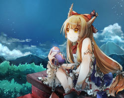 Rule 34 | 1girl, bare shoulders, black footwear, blonde hair, blue skirt, blue sky, bottle, bow, bowtie, buttons, chain, closed mouth, cloud, cloudy sky, collar, collared shirt, gradient hair, hair between eyes, hair ornament, hand up, highres, horns, ibuki suika, light, long hair, looking to the side, mizudori (msarasoju), moon, moonlight, mountain, multicolored hair, night, night sky, orange eyes, orange hair, purple ribbon, red bow, red bowtie, ribbon, scenery, shadow, shirt, shoes, sitting, skirt, sky, sleeveless, sleeveless shirt, smile, socks, solo, star (sky), starry sky, touhou, tree, white shirt, white skirt, white socks, wrist cuffs, yellow moon