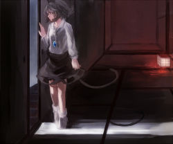 Rule 34 | 1girl, bad id, bad pixiv id, darkness, female focus, gem, grey hair, jewelry, kotaro-nosuke, lamp, mouse (animal), mouse tail, nazrin, necklace, open door, pendant, red eyes, shirt, short hair, skirt, solo, tail, tatami, touhou