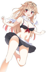 Rule 34 | 1girl, absurdres, bare arms, bare legs, bikini, black bikini, blonde hair, blush, breasts, fathom, hair ornament, hair ribbon, hairclip, highres, kantai collection, long hair, medium breasts, navel, open mouth, red eyes, red ribbon, ribbon, scarf, simple background, smile, solo, swimsuit, white background, white scarf, yuudachi (kancolle), yuudachi kai ni (kancolle)