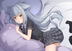 Rule 34 | 1girl, amashiro natsuki, animal ears, bad id, bad pixiv id, bare arms, bed sheet, black shirt, black skirt, black socks, blush, bow, bowtie, candy, cat ears, cat girl, cat tail, commentary request, dress shirt, food, grey bow, grey bowtie, grey hair, hair spread out, hand up, highres, holding, holding candy, holding food, holding lollipop, unworn legwear, lollipop, long hair, looking at viewer, lying, miniskirt, hugging object, on side, original, parted lips, pillow, pillow hug, plaid, plaid skirt, pleated skirt, school uniform, shirt, short sleeves, sidelocks, skirt, socks, solo, tail, thighs, very long hair, yellow eyes