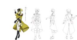 Rule 34 | 1boy, aiguillette, armor, ascot, belt, black footwear, black gloves, boots, character sheet, coat, coattails, cultlery (senjuushi), fighting stance, from behind, full body, gloves, green hair, hair between eyes, hat, highres, holding, holding knife, holding weapon, knee boots, knife, lineart, looking at viewer, majiro (mazurka), male focus, monochrome, multiple views, official art, orange eyes, senjuushi: the thousand noble musketeers, senjuushi (series), short hair, shoulder armor, sidelocks, spoon, standing, translation request, transparent background, turnaround, weapon