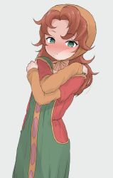 Rule 34 | 1girl, bad id, bad pixiv id, blush, brown hair, closed mouth, dragon quest, dragon quest vii, dress, dutch angle, green dress, green eyes, grey background, heart, heart-shaped pupils, highres, long hair, long sleeves, looking at viewer, maribel (dq7), nose blush, sleeves past wrists, solo, sweat, symbol-shaped pupils, yakihebi