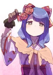 Rule 34 | 1girl, absurdres, adjusting bow, arm at side, arm up, blue hair, blunt bangs, blush, bow, bright pupils, brown eyes, brown gloves, closed mouth, expressionless, floral print, flower, frilled gloves, frilled sleeves, frills, gloves, goe (g-o-e), gradient background, hair bow, hair flower, hair ornament, hanayagi kaoruko, highres, japanese clothes, kimono, long sleeves, looking at viewer, medium hair, obi, official alternate costume, pink background, print bow, print kimono, purple kimono, red bow, red flower, sash, shawl, shoujo kageki revue starlight, shoujo kageki revue starlight -re live-, sidelocks, solo, standing, upper body, white background, wide sleeves