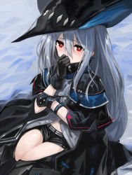 Rule 34 | 1girl, arknights, black cape, black gloves, black hat, black pants, blush, cape, chaps, clothing cutout, commentary request, covering own mouth, cowboy shot, edobox, gloves, grey shirt, hair between eyes, hat, long hair, looking at viewer, low-tied long hair, navel, pants, red eyes, shirt, sidelocks, silver hair, sitting, skadi (arknights), solo, thigh cutout, very long hair