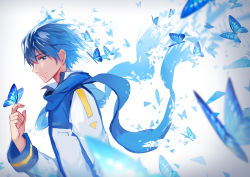 Rule 34 | 1boy, blue eyes, blue hair, blue scarf, blue theme, bug, butterfly, butterfly on hand, feng you, highres, insect, kaito (vocaloid), long sleeves, male focus, scarf, simple background, smile, vocaloid, white background